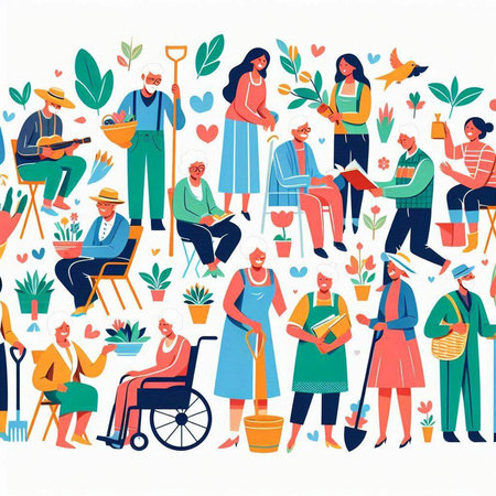 Volunteer people working in the garden, vector flat illustration.のイラスト素材