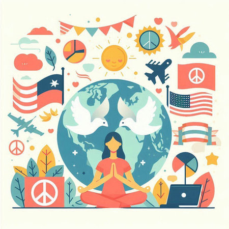 Vector illustration of yoga and international peace day in flat style. Concept for web banner, poster, print.のイラスト素材