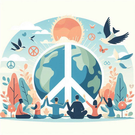 People meditating around the world. Ecology concept. Vector illustration.のイラスト素材