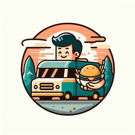 Vector illustration of a man holding a hamburger in his hand on a road tripのイラスト素材