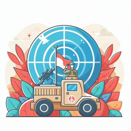 Military vehicle with radar. Vector illustration in flat cartoon style on white background.のイラスト素材