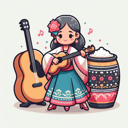 Ukrainian girl playing the ukulele, vector illustrationのイラスト素材