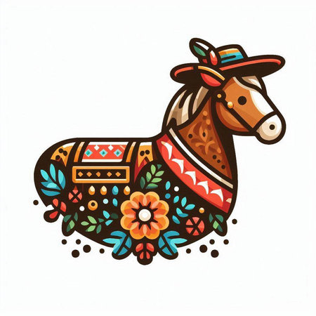 Horse decorated with embroidery. Hand drawn vector illustration.のイラスト素材