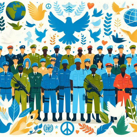 International day of peace concept. Group of soldiers in uniform. Vector illustration.のイラスト素材