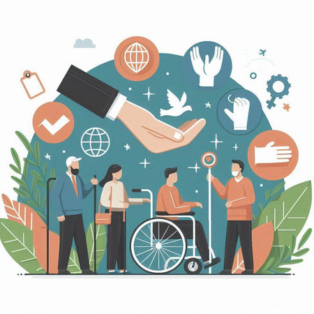Disabled people concept vector illustration. Flat design of disabled people, human resources, social media, social network, support, help, assistance, help, support.のイラスト素材