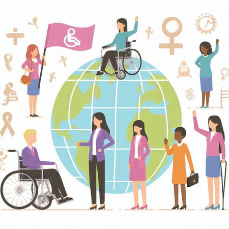 Volunteers with disabilities and the world. Vector illustration in flat style.のイラスト素材
