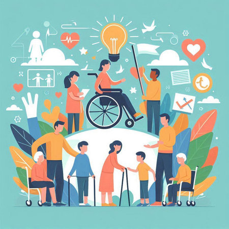 Disabled people concept. Vector illustration in flat design style with people and iconsのイラスト素材