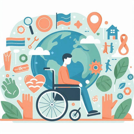 Handicapped man in a wheelchair with a globe. Vector illustration.のイラスト素材