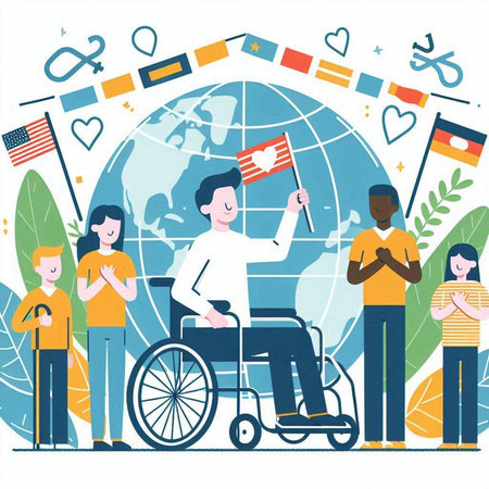 Disabled people with flags of different countries around the world vector illustrationのイラスト素材