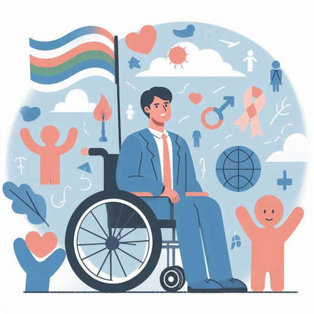 Handicapped man in wheelchair with rainbow flag. Flat vector illustration.のイラスト素材