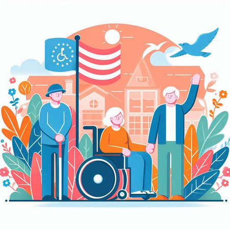 Elderly people with disabilities in a wheelchair. Flat vector illustration.のイラスト素材