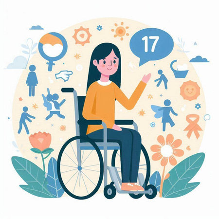 Handicapped woman in wheelchair with speech bubble. Flat vector illustration.のイラスト素材