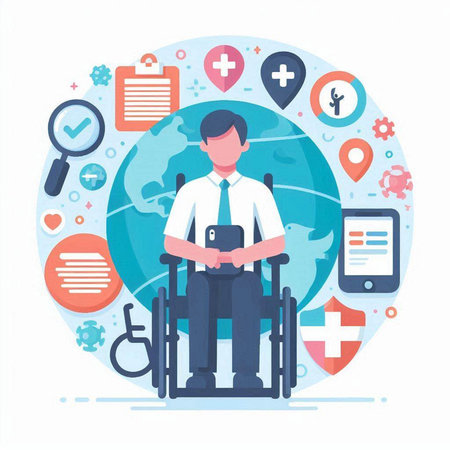 Disabled man in wheelchair with mobile phone. Flat vector illustration.のイラスト素材
