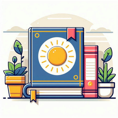 Vector illustration of open book with sun on top and stack of booksのイラスト素材