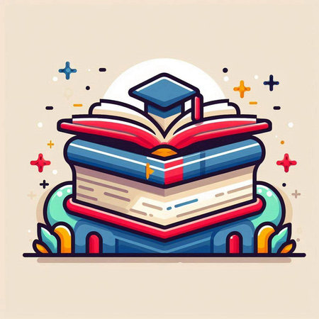 Colorful vector illustration of an open book with a graduation cap on top.のイラスト素材