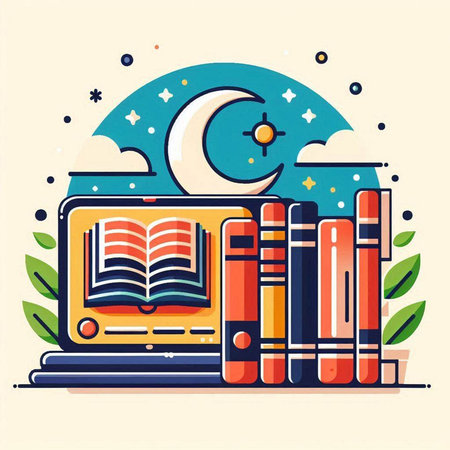 Laptop with books, moon and stars. Vector illustration in flat styleのイラスト素材