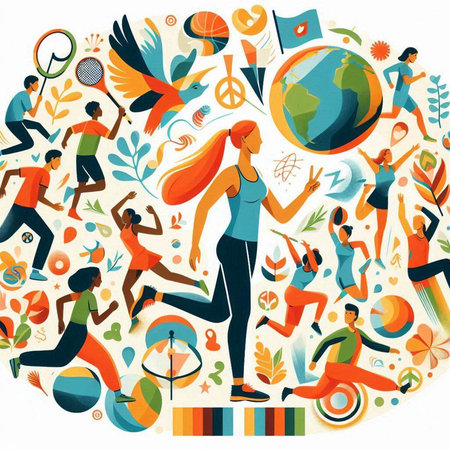 Vector illustration of people in sportswear running around the world.のイラスト素材