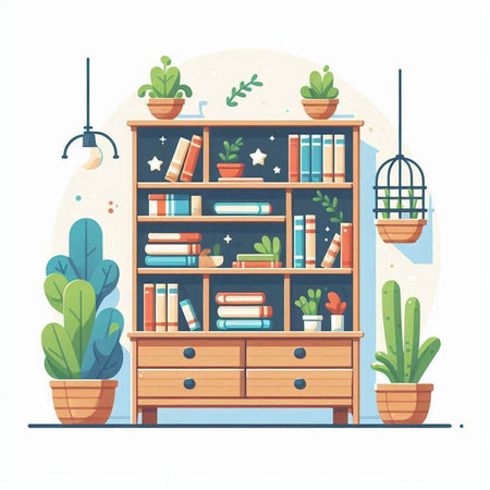 Bookshelf with books and potted plants. Flat vector illustration.のイラスト素材