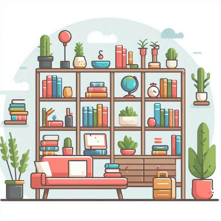 Vector illustration of bookshelves with different home related objects in flat styleのイラスト素材