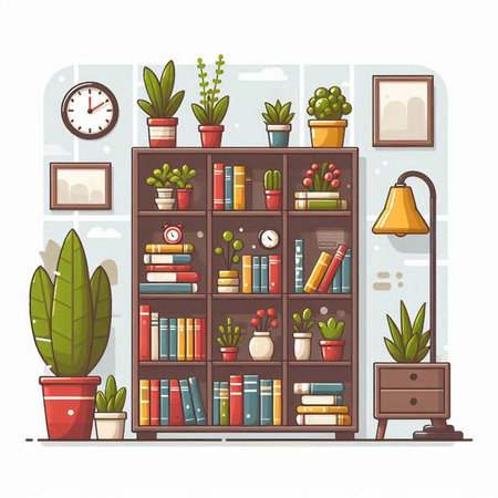 Bookshelf with books and plants. Vector illustration in flat styleのイラスト素材
