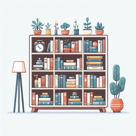 Bookshelf with books and potted plants. Vector illustration.のイラスト素材
