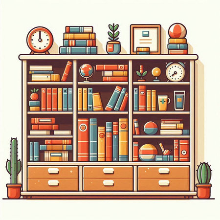 Vector illustration of a bookshelf with books, alarm clock and cacti.のイラスト素材