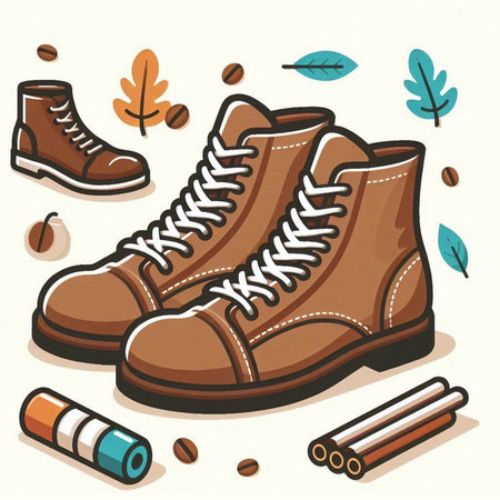Pair of brown boots on the background of autumn leaves. Vector illustrationのイラスト素材