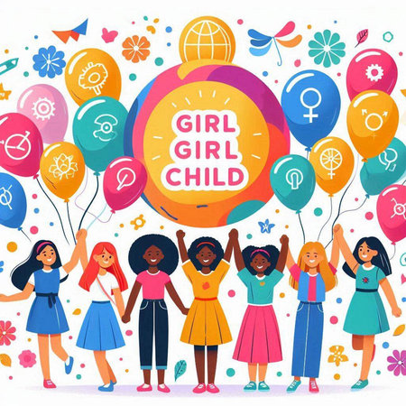 GIRL CHILD typography poster with group of diverse girls holding balloons vector illustration.のイラスト素材