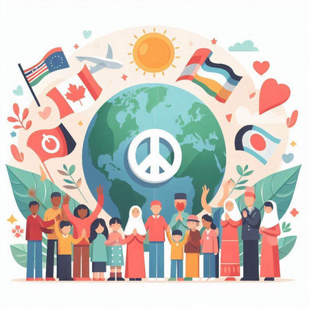 Happy international day of peace concept. People with flags and symbols around the globe. Vector illustrationのイラスト素材