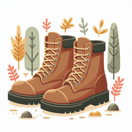 Hiking boots in the forest. Vector illustration in flat style.のイラスト素材