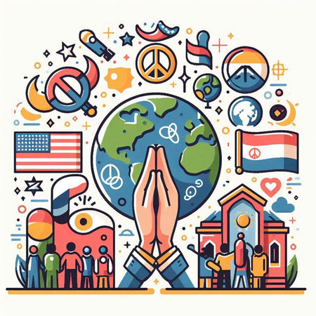 Vector illustration of people around the world. World peace day concept.のイラスト素材