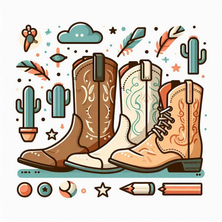Vector illustration with cowboy boots and cacti on white background.のイラスト素材