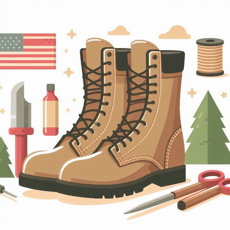 Vector illustration of a hiking boots on the background of the American flagのイラスト素材