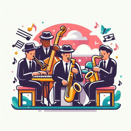 Vector illustration of jazz band playing musical instruments. Flat style design.のイラスト素材