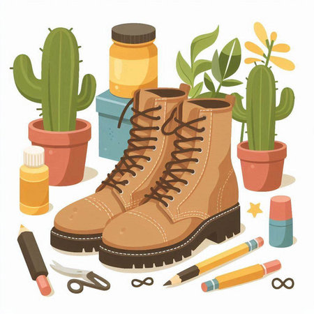 Hiking boots with cactus and other accessories. Vector illustration.のイラスト素材