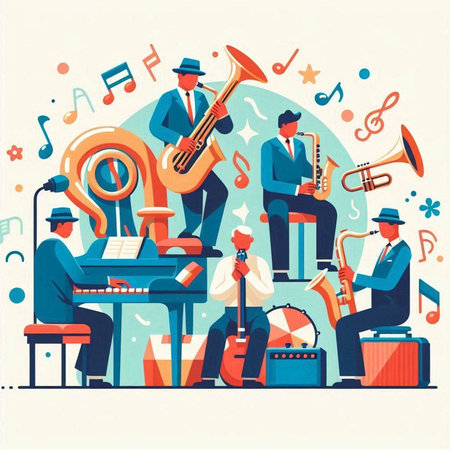 Musical instruments flat vector illustration. Music band, jazz band.のイラスト素材
