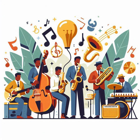 Musicians playing musical instruments. Flat vector illustration. Music band, jazz band, jazz band.のイラスト素材