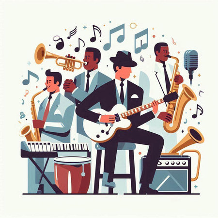 Musicians playing musical instruments. Vector illustration in flat cartoon style.のイラスト素材