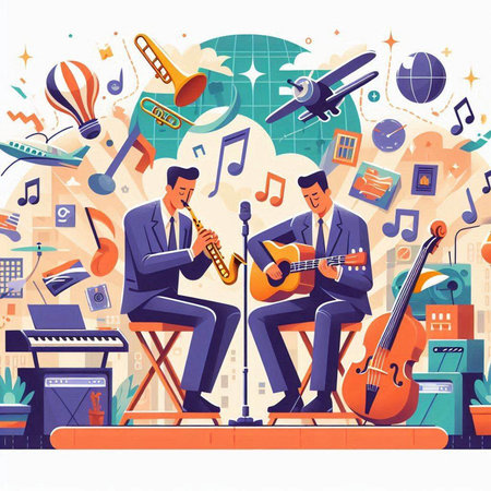 Musical instruments flat vector illustration. Man playing guitar, violin, saxophone, trumpet, flute and other musical instrumentsのイラスト素材