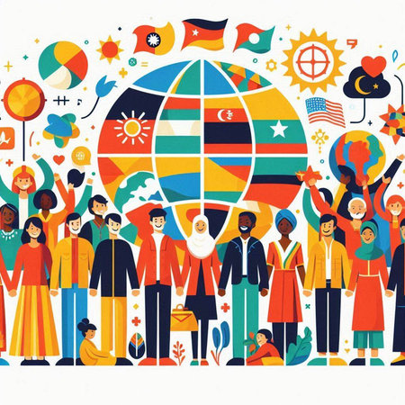 Happy international day of peace. Group of people with flags and globe. Vector illustration.のイラスト素材