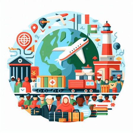 Logistics and delivery of goods around the world. Vector flat illustrationのイラスト素材