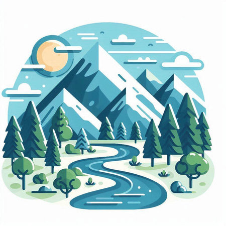 Mountain landscape with road and forest. Vector illustration in flat styleのイラスト素材