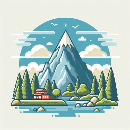 Mountain landscape with a house, trees and a lake. Vector illustration.のイラスト素材