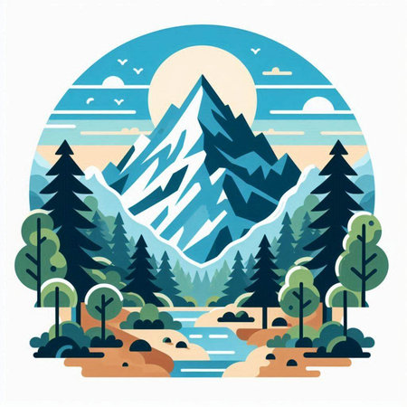 Mountains, river and forest in flat style. Vector illustration.のイラスト素材