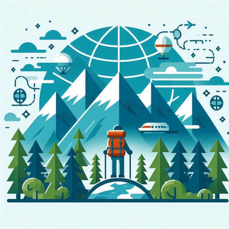 Travel and adventure poster with mountains and forest. Vector flat illustration.のイラスト素材