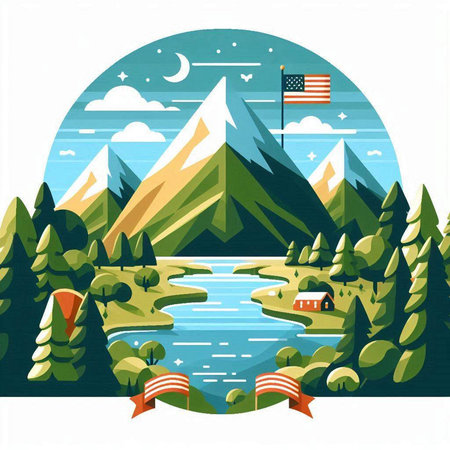 Summer landscape with lake, mountains, forest and flag. Vector illustrationのイラスト素材