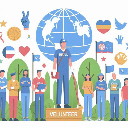 Volunteers and volunteers in the world. Vector illustration in flat styleのイラスト素材
