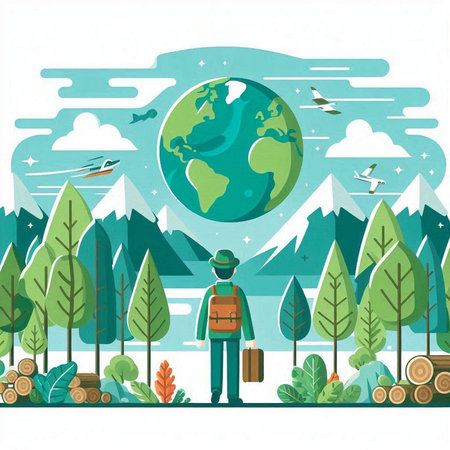 Vector illustration of a man with a backpack standing in the forest.のイラスト素材