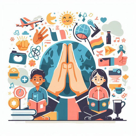 Vector illustration of a group of people sitting around the globe and reading books.のイラスト素材