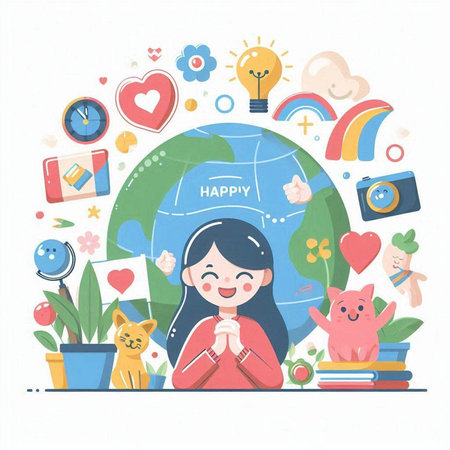 Vector illustration of a girl surrounded by education icons. Flat style design.のイラスト素材
